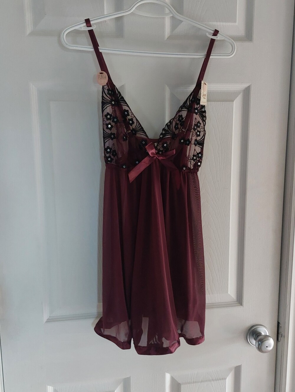 Burgundy Lace-Embellished Babydoll Chemise And Matching G String